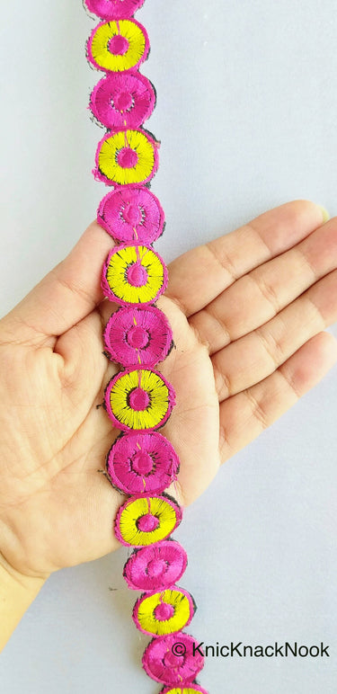 Pink & Yellow Embroidered Circles Cutwork Trim, Approx. 22mm Wide